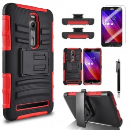 Asus Zenfone 2 Case, Dual Layers [Combo Holster] Case And Built-In Kickstand Bundled with [Premium Screen Protector] Hybrid Shockproof And Circlemalls Stylus Pen (Red)